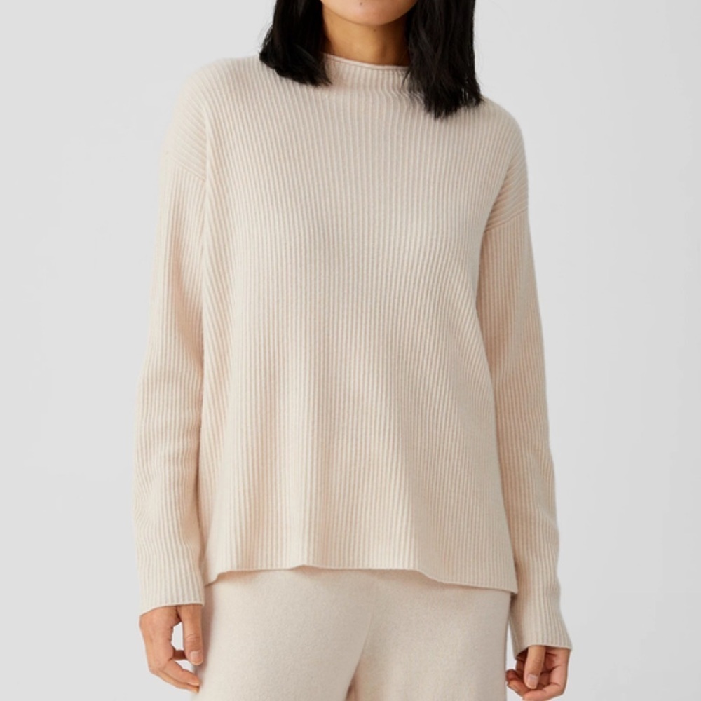 Eileen Fisher Italian Cashmere Funnel Neck Sweater Top Cream Tan